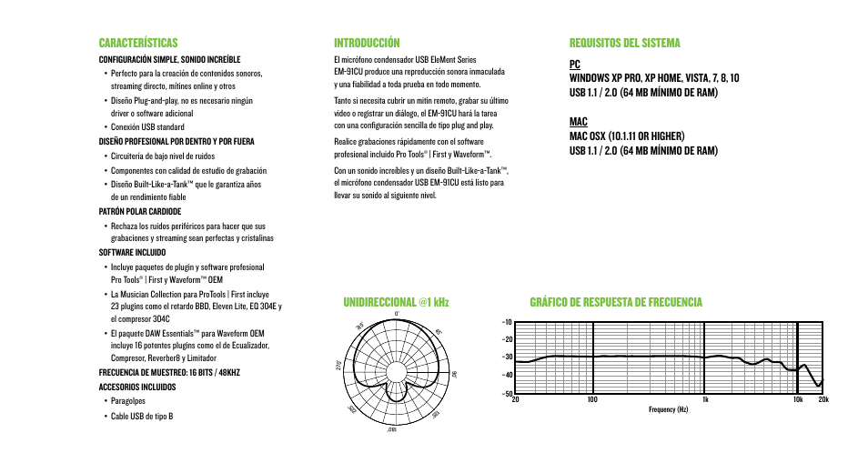 Introducción, Características | MACKIE EM-91CU USB Condenser Microphone User Manual | Page 7 / 16