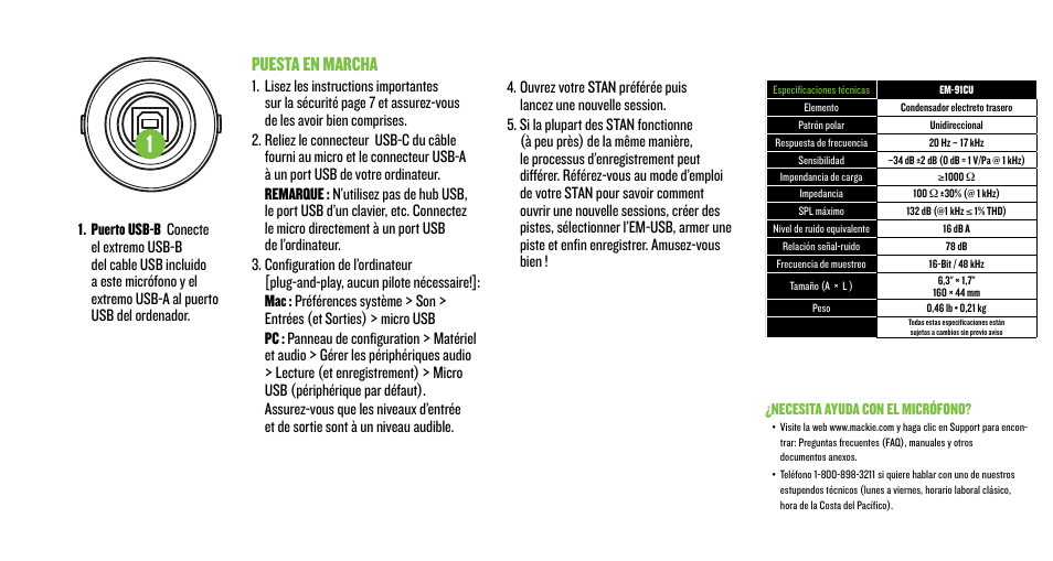 Puesta en marcha | MACKIE EM-91CU USB Condenser Microphone User Manual | Page 8 / 16