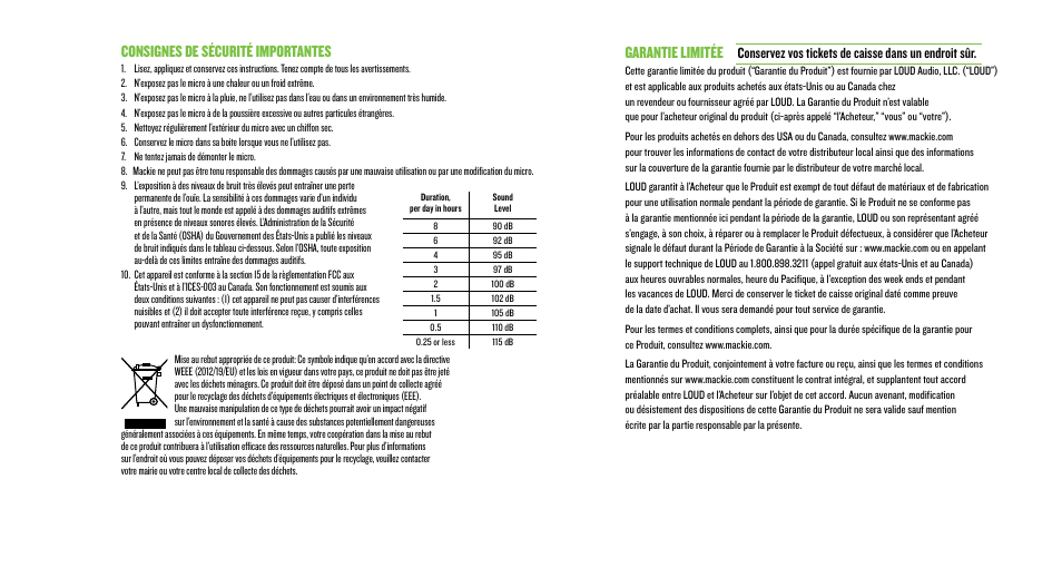 Garantie limitée, Consignes de sécurité importantes | MACKIE EM-91CU USB Condenser Microphone User Manual | Page 9 / 16