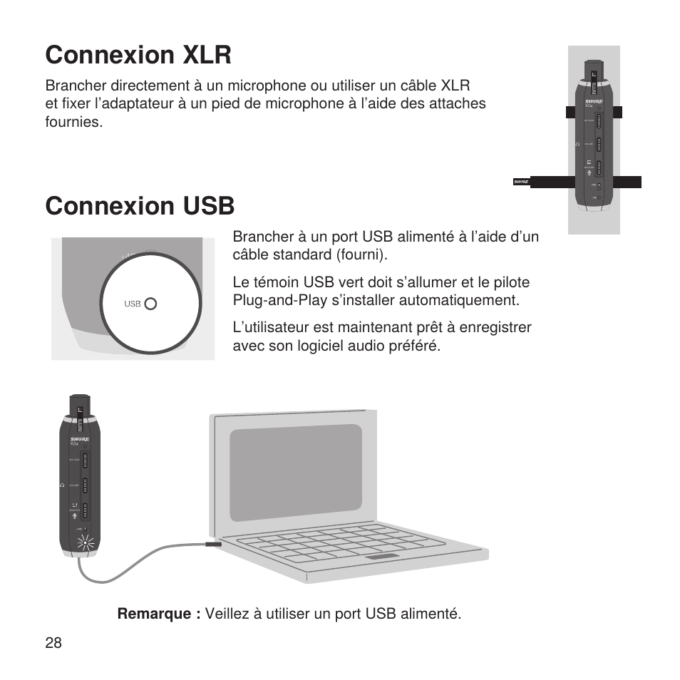 Connexion usb, Connexion xlr | Shure X2u XLR to USB Microphone Signal Adapter and SM57 Microphone Bundle User Manual | Page 28 / 108