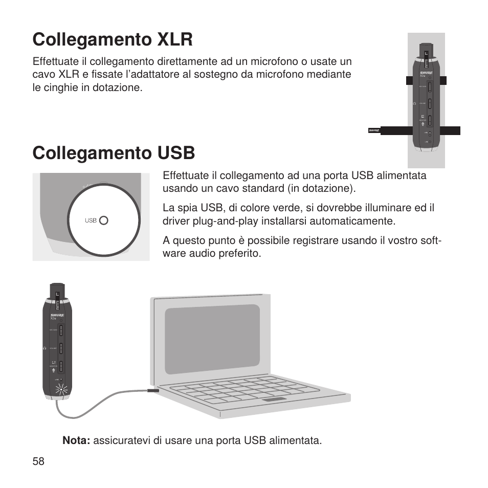 Collegamento usb, Collegamento xlr | Shure X2u XLR to USB Microphone Signal Adapter and SM57 Microphone Bundle User Manual | Page 58 / 108
