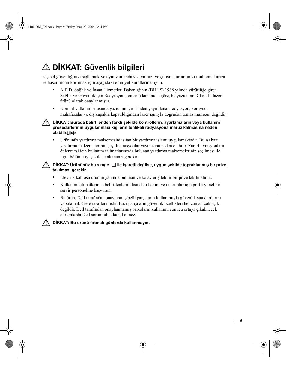Dikkat: güvenlik bilgileri | Dell 1100 User Manual | Page 17 / 95