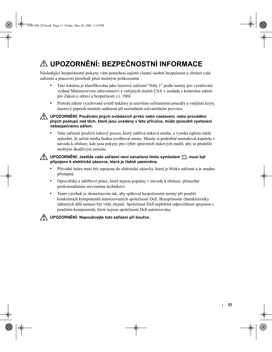 Upozornění: bezpečnostní informace | Dell 1100 User Manual | Page 19 / 95