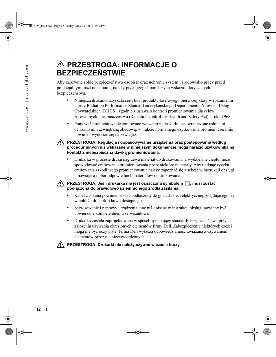 Przestroga: informacje o bezpieczeństwie | Dell 1100 User Manual | Page 20 / 95