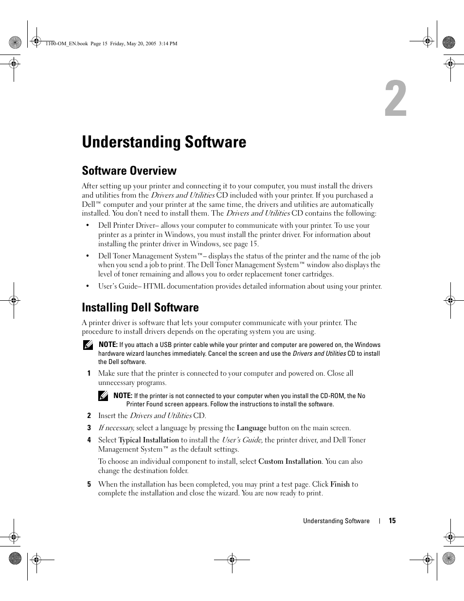 Understanding software, Software overview, Installing dell software | Dell 1100 User Manual | Page 23 / 95