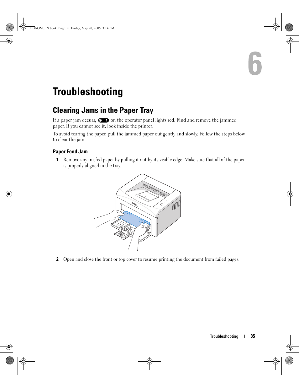 Troubleshooting, Clearing jams in the paper tray | Dell 1100 User Manual | Page 43 / 95