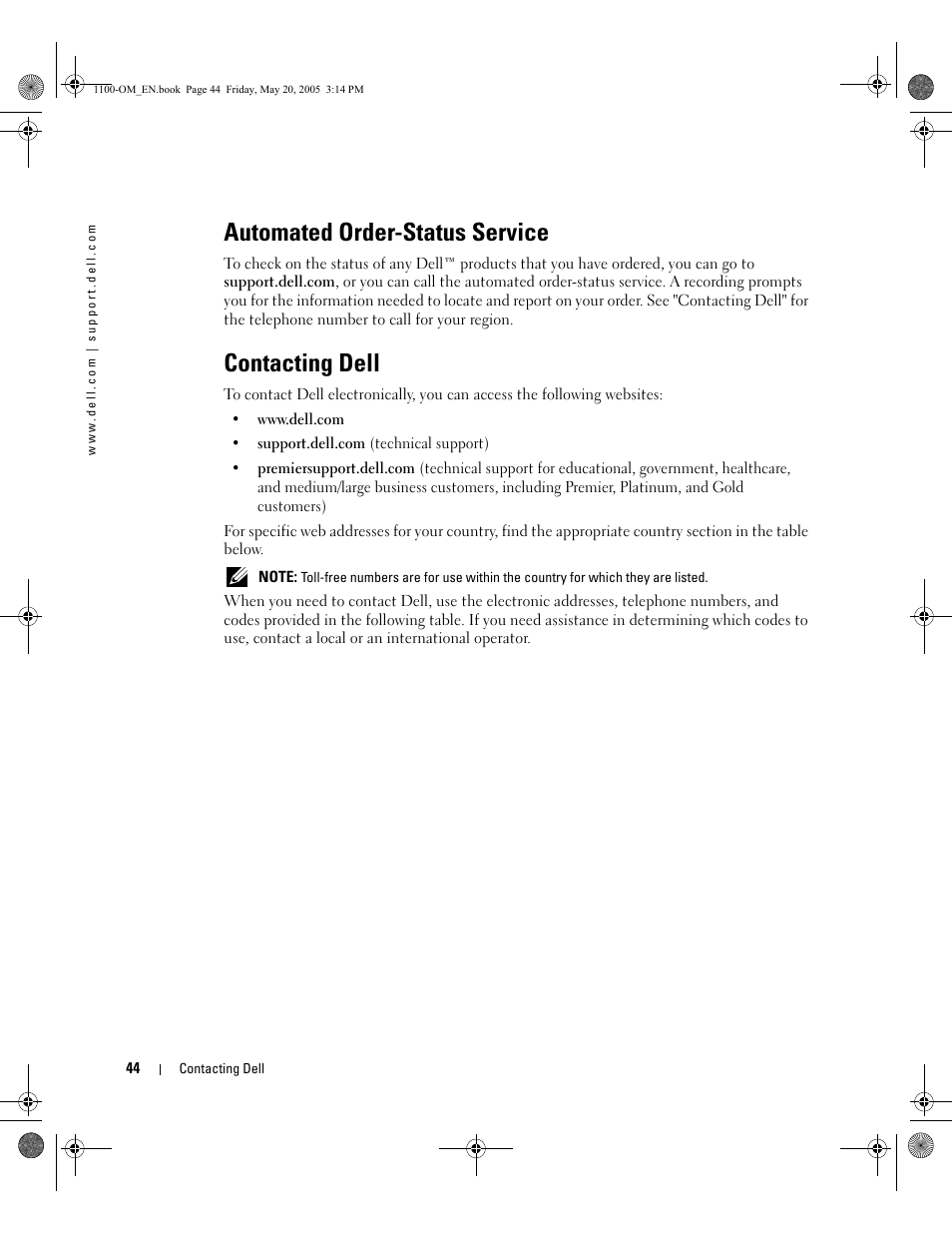 Automated order-status service, Contacting dell | Dell 1100 User Manual | Page 52 / 95