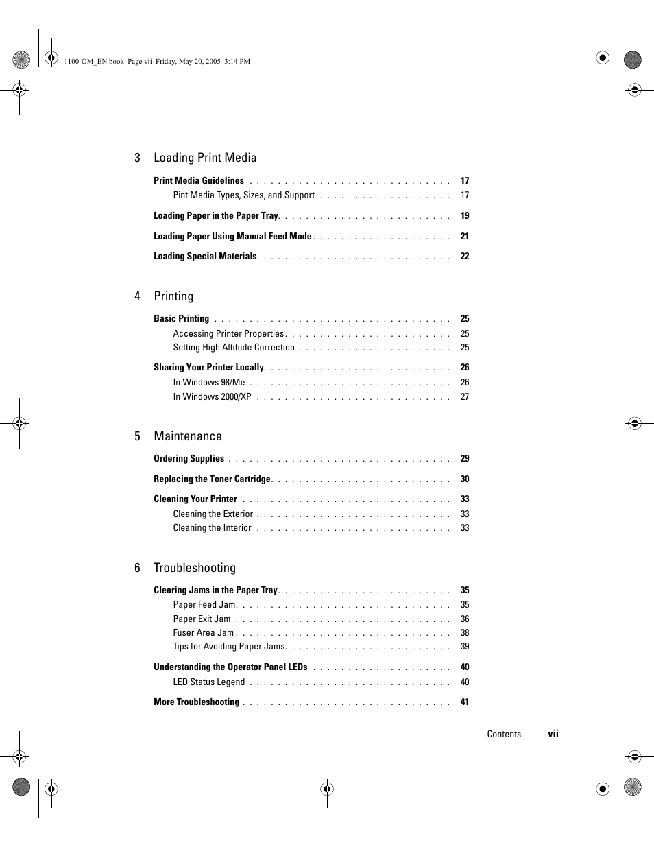3 loading print media, 4 printing, 5 maintenance | 6 troubleshooting | Dell 1100 User Manual | Page 7 / 95