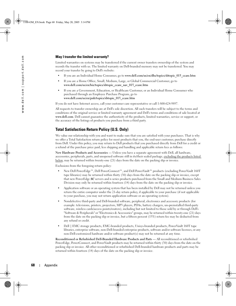 Total satisfaction return policy (u.s. only) | Dell 1100 User Manual | Page 76 / 95