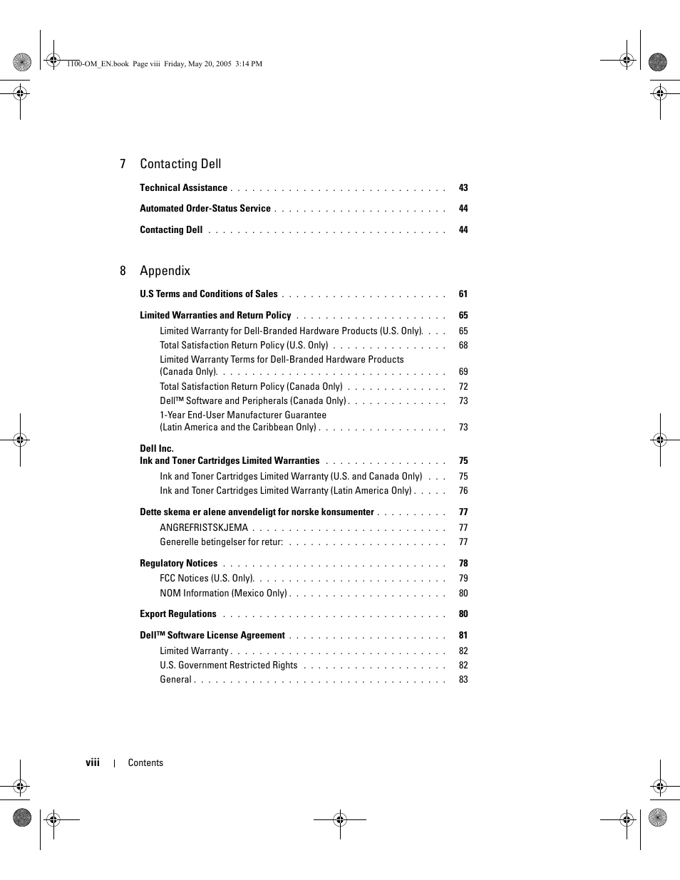 7 contacting dell, 8 appendix | Dell 1100 User Manual | Page 8 / 95