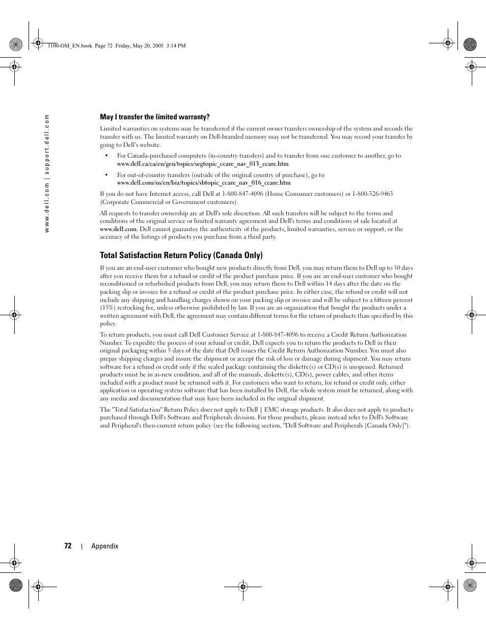 Total satisfaction return policy (canada only) | Dell 1100 User Manual | Page 80 / 95