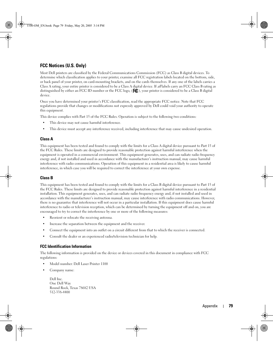 Fcc notices (u.s. only) | Dell 1100 User Manual | Page 87 / 95