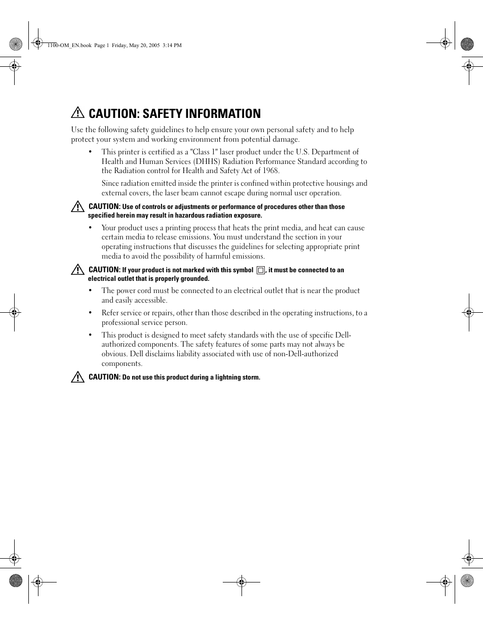 Caution: safety information | Dell 1100 User Manual | Page 9 / 95