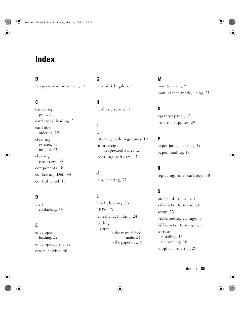 Index | Dell 1100 User Manual | Page 93 / 95