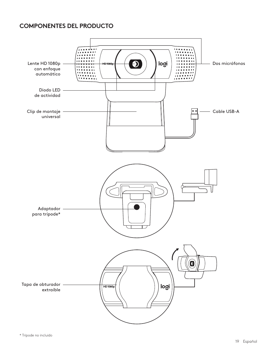 Español 19, Componentes del producto | Logitech C920e 1080p Business Webcam User Manual | Page 19 / 130