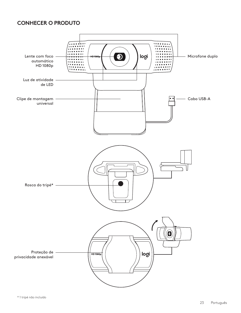 Português 23, Conhecer o produto | Logitech C920e 1080p Business Webcam User Manual | Page 23 / 130