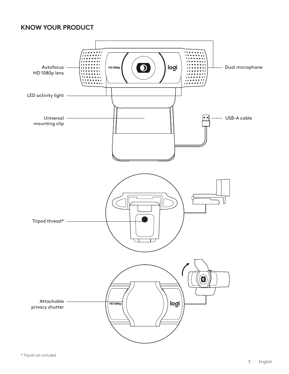 English 3, Know your product | Logitech C920e 1080p Business Webcam User Manual | Page 3 / 130
