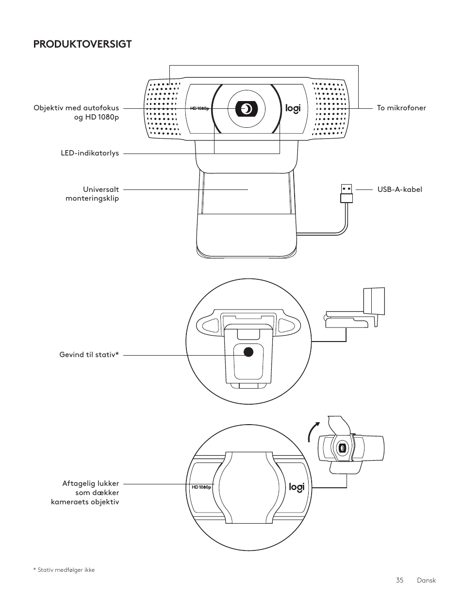 Dansk 35, Produktoversigt | Logitech C920e 1080p Business Webcam User Manual | Page 35 / 130