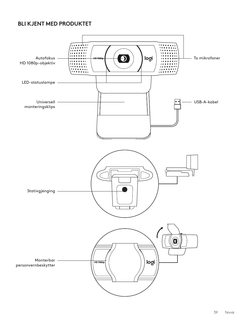 Norsk 39, Bli kjent med produktet | Logitech C920e 1080p Business Webcam User Manual | Page 39 / 130