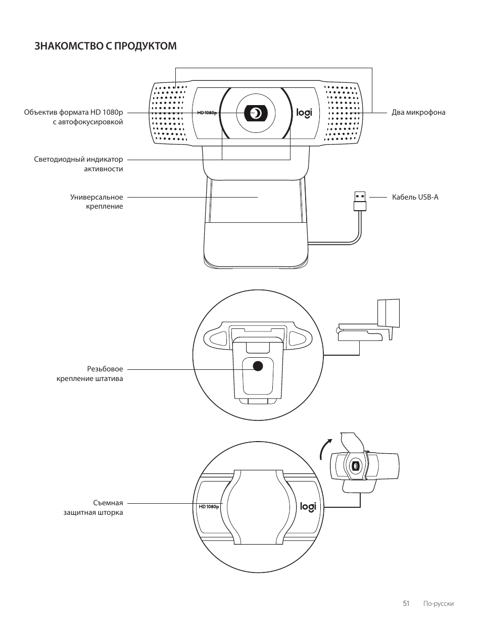 По-русски, Знакомство с продуктом | Logitech C920e 1080p Business Webcam User Manual | Page 51 / 130