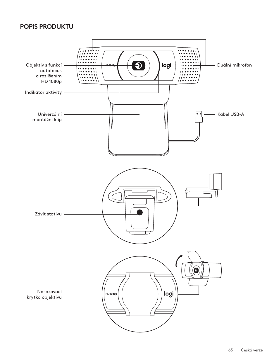 Česká verze 63, Popis produktu | Logitech C920e 1080p Business Webcam User Manual | Page 63 / 130