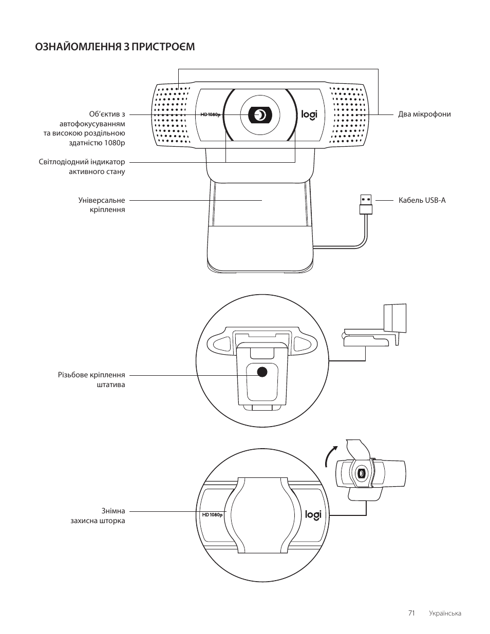 Українська, Ознайомлення з пристроєм | Logitech C920e 1080p Business Webcam User Manual | Page 71 / 130