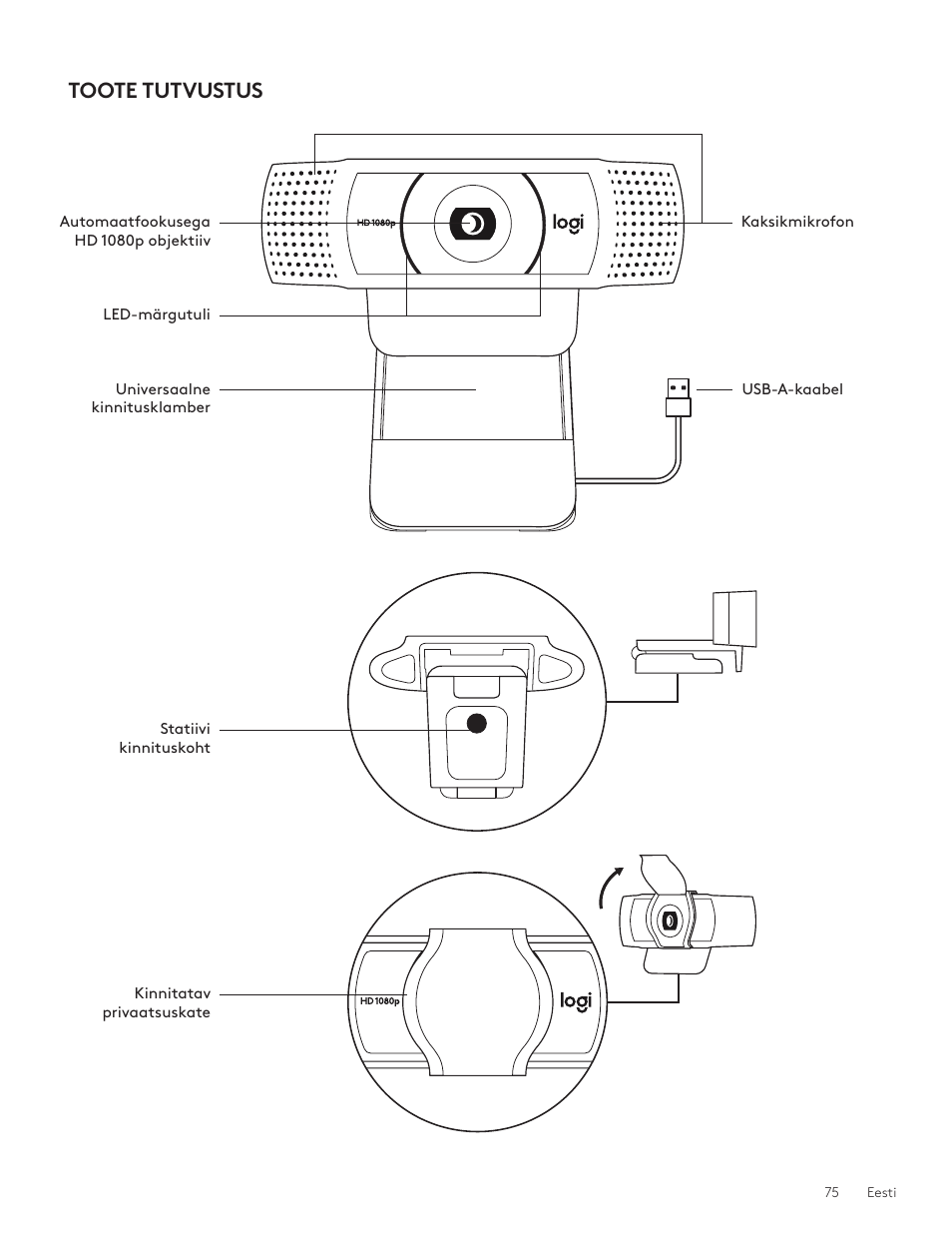 Eesti 75, Toote tutvustus | Logitech C920e 1080p Business Webcam User Manual | Page 75 / 130