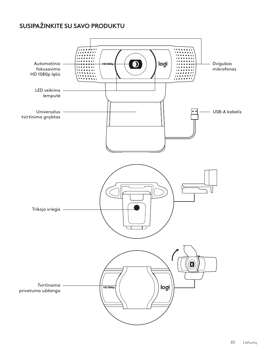 Lietuvių 83, Susipažinkite su savo produktu | Logitech C920e 1080p Business Webcam User Manual | Page 83 / 130