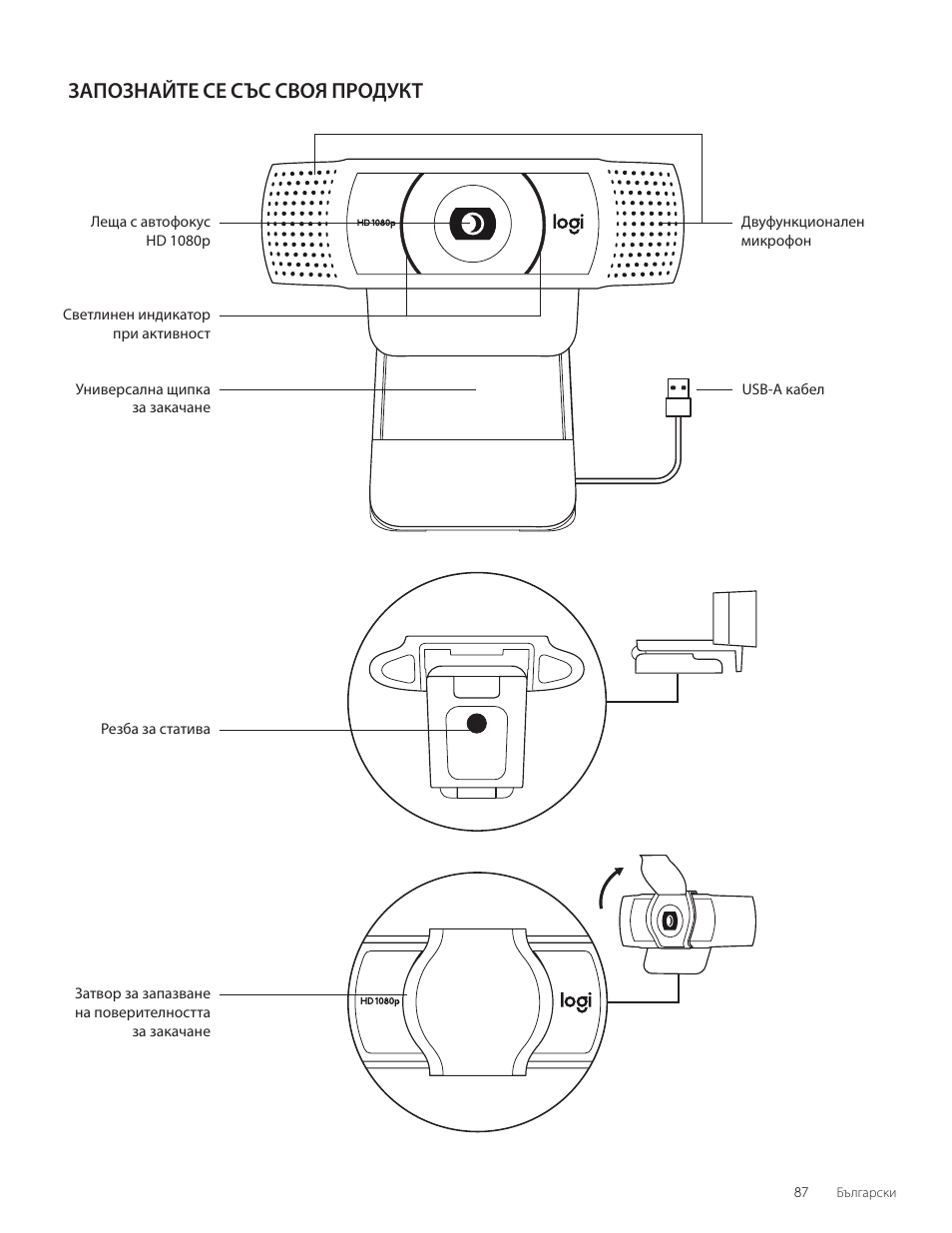 Български, Запознайте се със своя продукт | Logitech C920e 1080p Business Webcam User Manual | Page 87 / 130