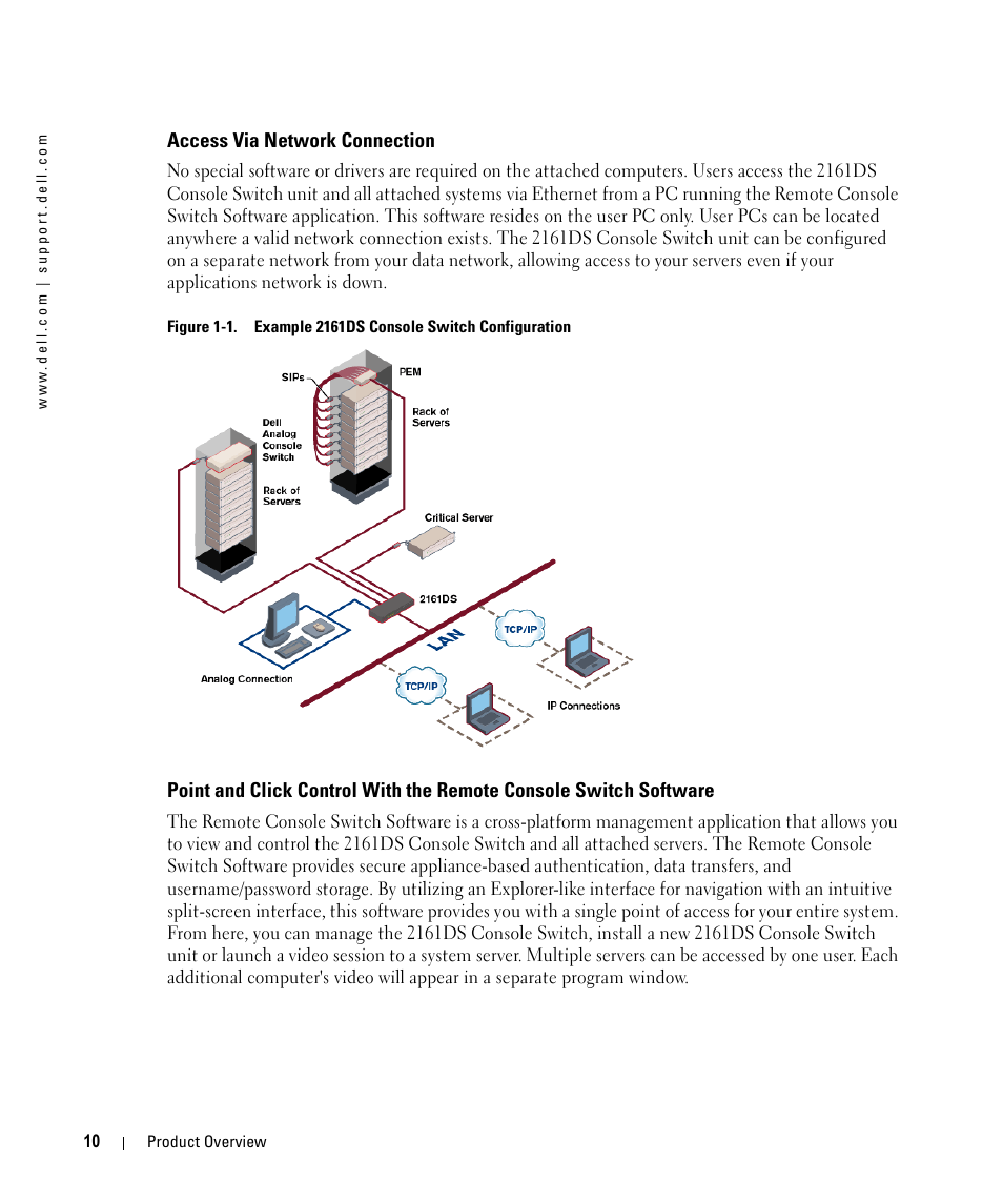 Access via network connection, Figure 1-1, Example 2161ds console switch configuration | Dell 2161DS User Manual | Page 10 / 86