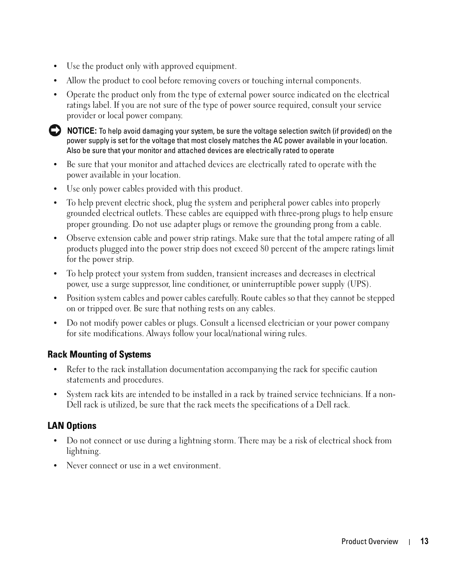 Rack mounting of systems, Lan options | Dell 2161DS User Manual | Page 13 / 86