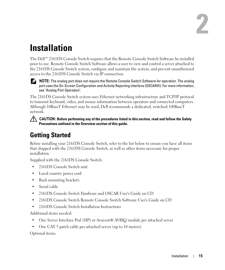 Installation, Getting started, 2 installation | Dell 2161DS User Manual | Page 15 / 86