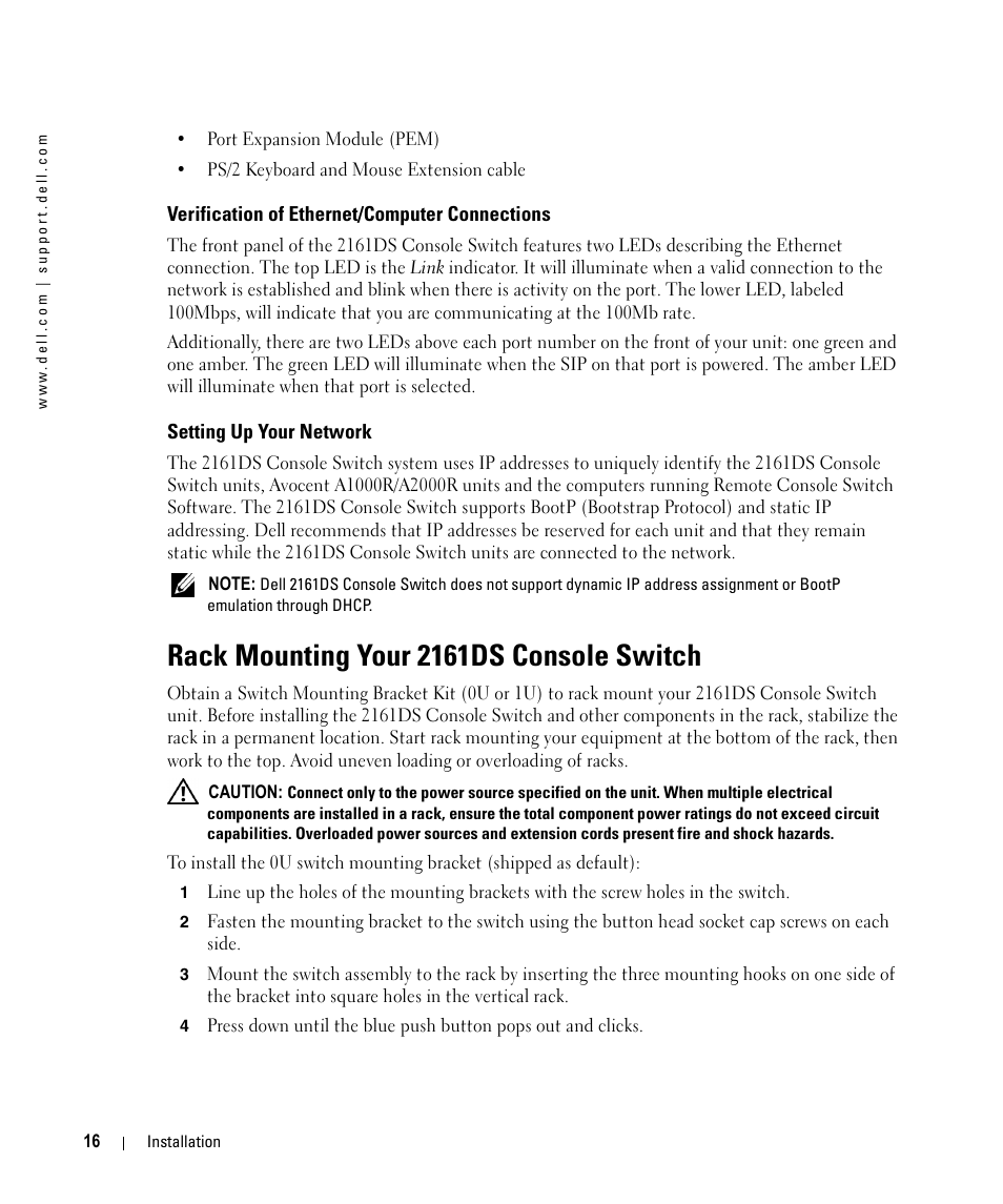 Verification of ethernet/computer connections, Setting up your network, Rack mounting your 2161ds console switch | Dell 2161DS User Manual | Page 16 / 86