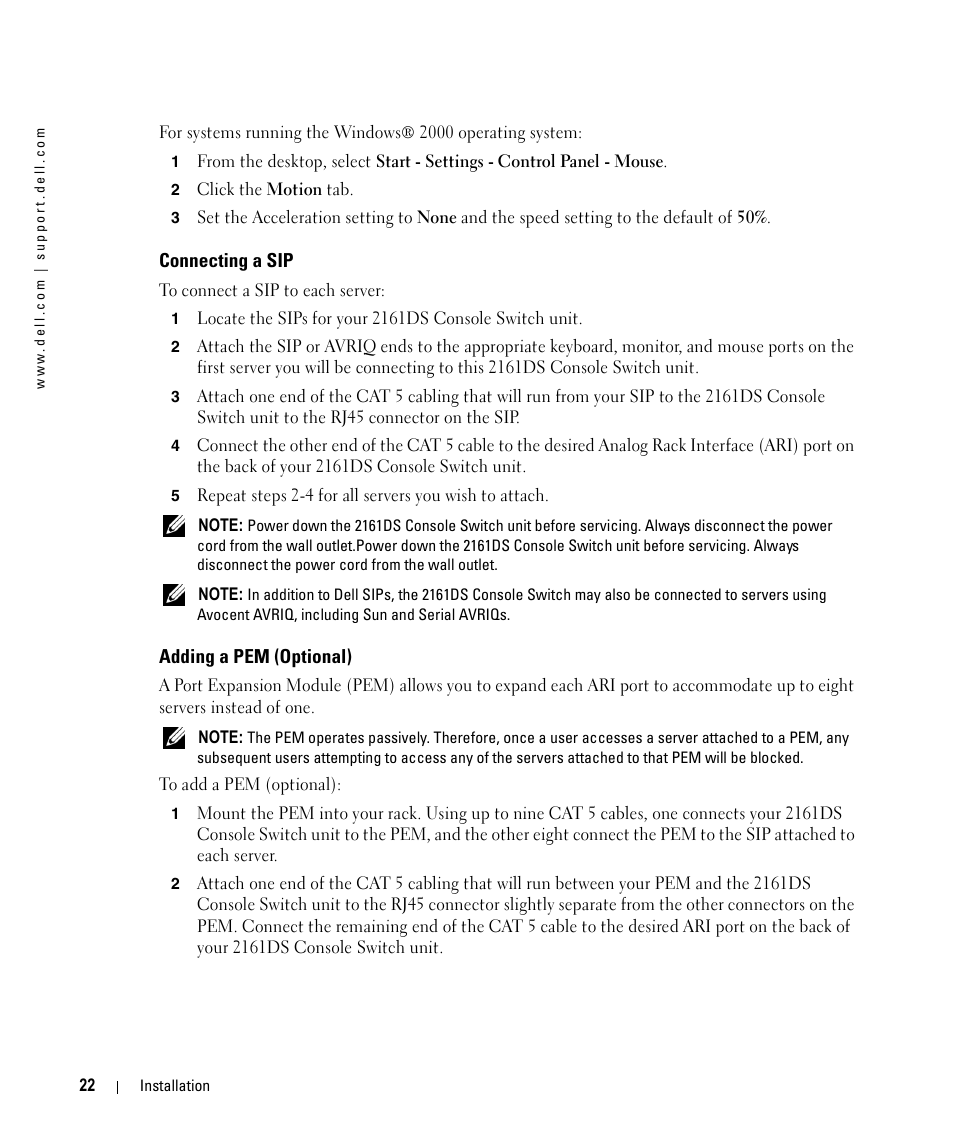 Connecting a sip, Adding a pem (optional) | Dell 2161DS User Manual | Page 22 / 86