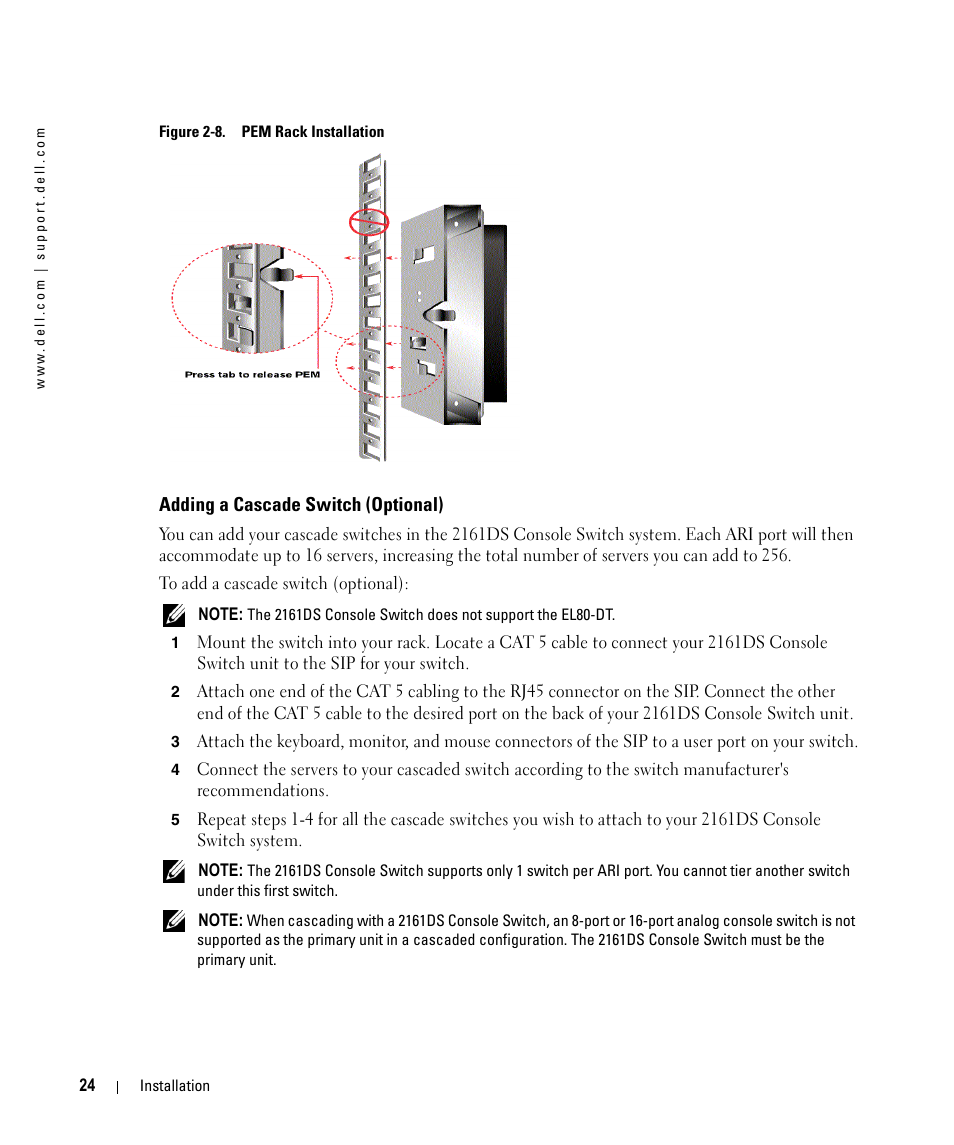 Adding a cascade switch (optional), Figure 2-8, Pem rack installation | Dell 2161DS User Manual | Page 24 / 86