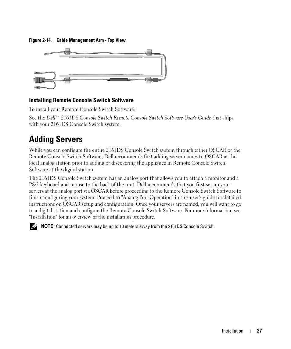 Installing remote console switch software, Adding servers, Figure 2-14 | Cable management arm - top view | Dell 2161DS User Manual | Page 27 / 86