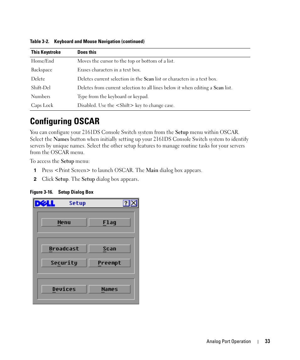 Configuring oscar, Figure 3-16, Setup dialog box | Dell 2161DS User Manual | Page 33 / 86