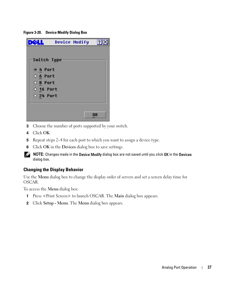 Changing the display behavior, Figure 3-20, Device modify dialog box | Dell 2161DS User Manual | Page 37 / 86