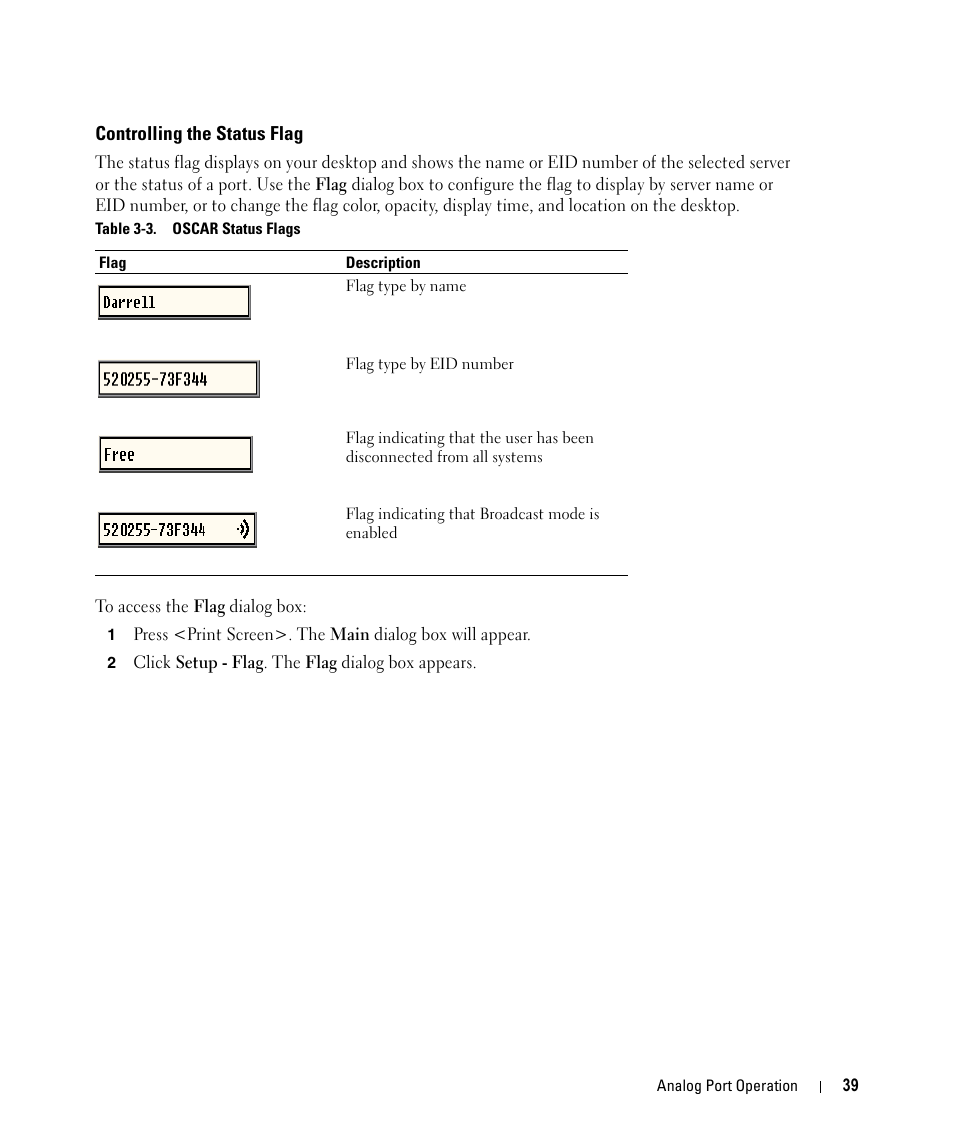 Controlling the status flag, Table 3-3, Oscar status flags | Dell 2161DS User Manual | Page 39 / 86