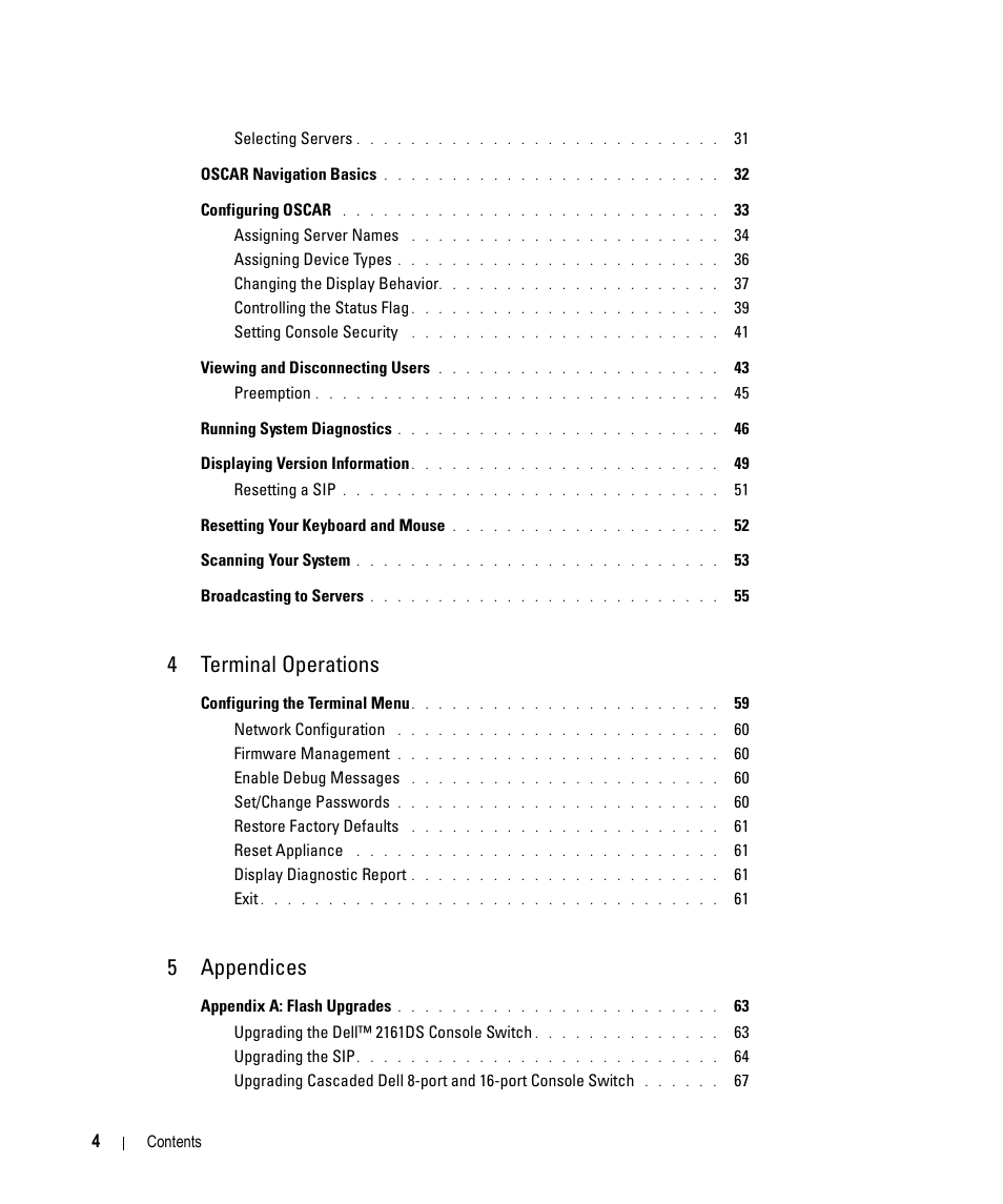 4 terminal operations, 5 appendices | Dell 2161DS User Manual | Page 4 / 86