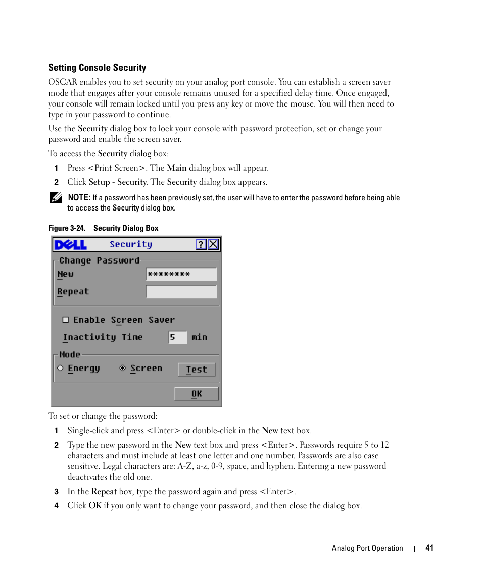 Setting console security, Figure 3-24, Security dialog box | Dell 2161DS User Manual | Page 41 / 86