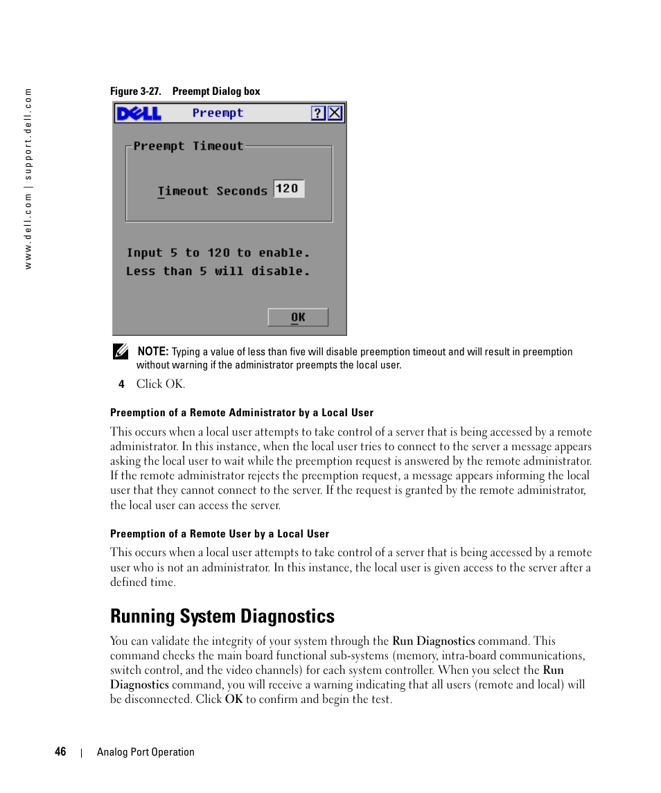 Running system diagnostics, Figure 3-27, Preempt dialog box | Dell 2161DS User Manual | Page 46 / 86
