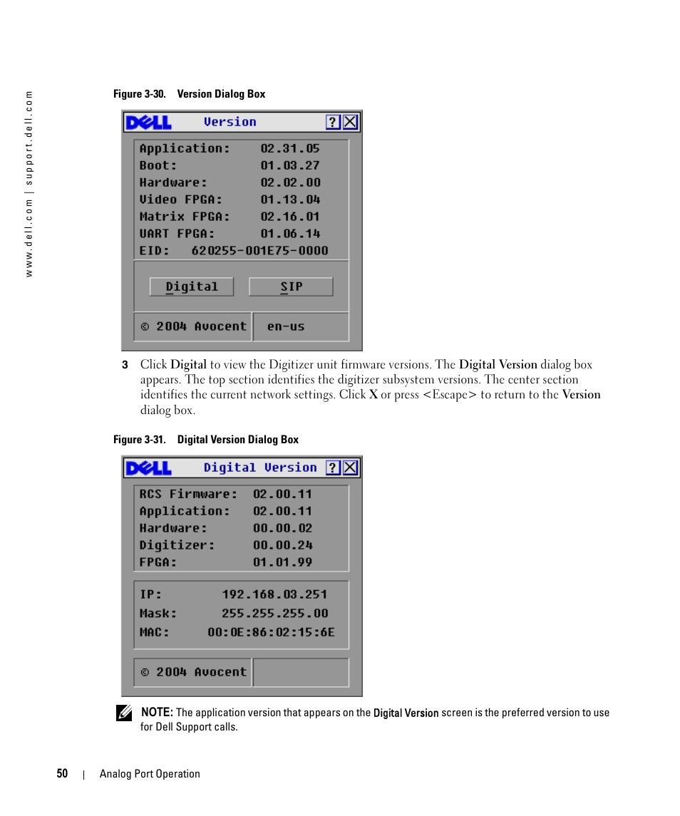 Figure 3-30, Version dialog box, Figure 3-31 | Digital version dialog box | Dell 2161DS User Manual | Page 50 / 86