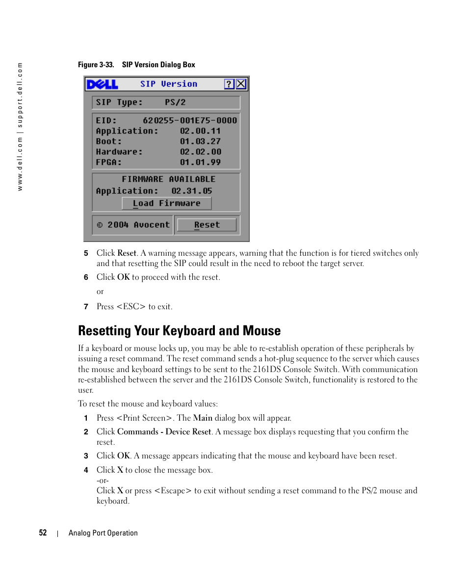 Resetting your keyboard and mouse, Figure 3-33, Sip version dialog box | Dell 2161DS User Manual | Page 52 / 86