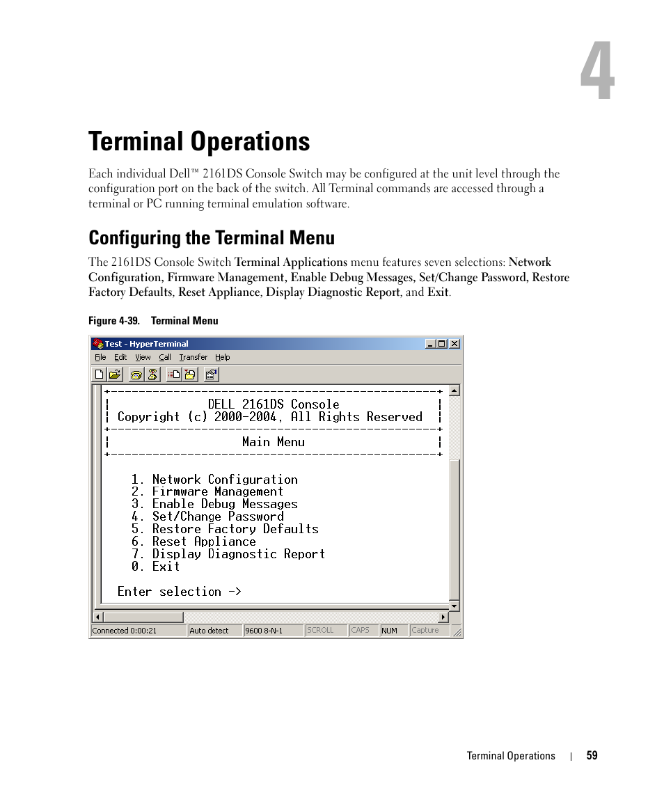 Terminal operations, Configuring the terminal menu, 4 terminal operations | Figure 4-39, Terminal menu | Dell 2161DS User Manual | Page 59 / 86