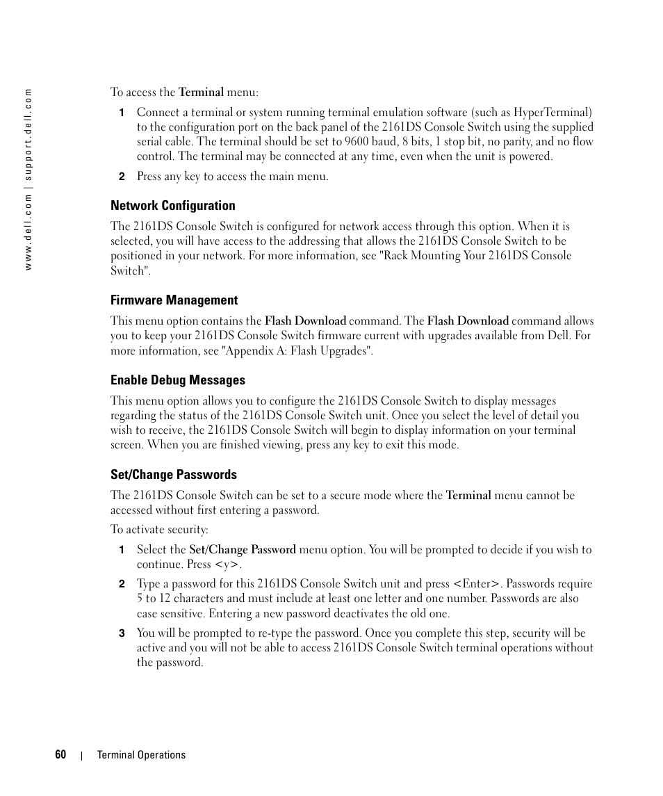Network configuration, Firmware management, Enable debug messages | Set/change passwords | Dell 2161DS User Manual | Page 60 / 86