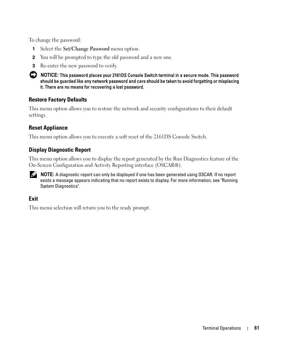 Restore factory defaults, Reset appliance, Display diagnostic report | Exit | Dell 2161DS User Manual | Page 61 / 86
