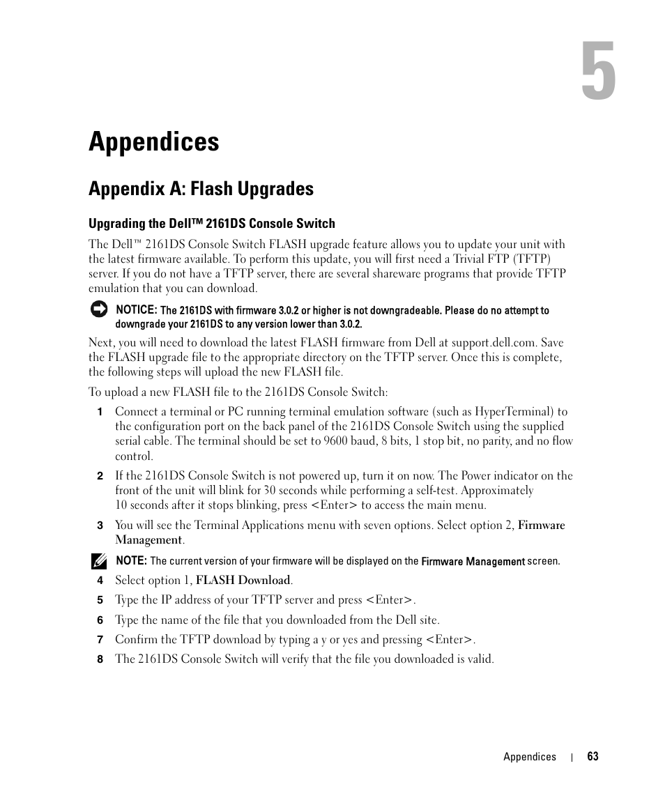 Appendices, Appendix a: flash upgrades, Upgrading the dell™ 2161ds console switch | 5 appendices | Dell 2161DS User Manual | Page 63 / 86