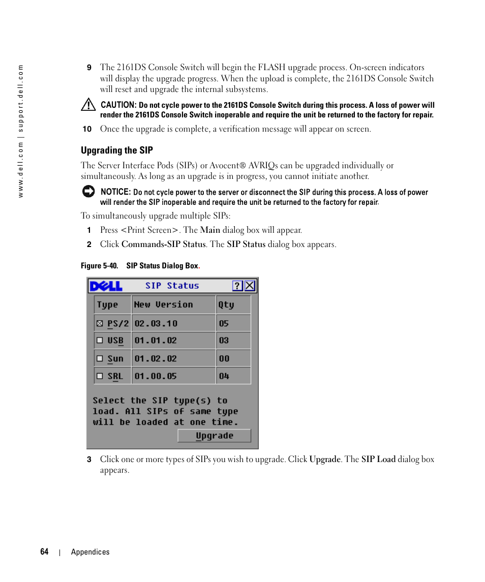 Upgrading the sip, Figure 5-40, Sip status dialog box | Dell 2161DS User Manual | Page 64 / 86