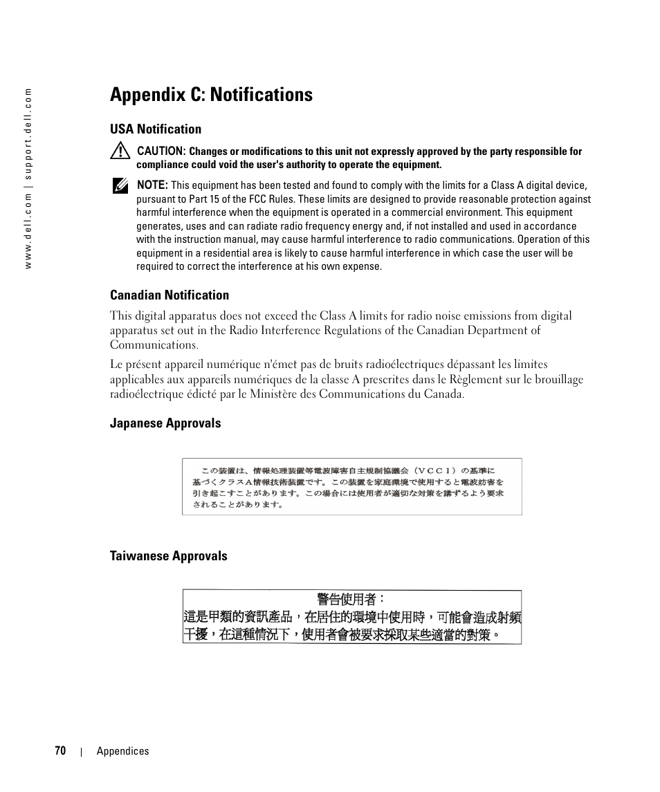 Appendix c: notifications, Usa notification, Canadian notification | Japanese approvals, Taiwanese approvals, Japanese approvals taiwanese approvals | Dell 2161DS User Manual | Page 70 / 86